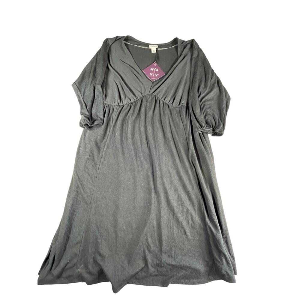 Ava & Viv Dress Womens XXL 2XL Black Textured 3/4 Sleeve A-Line Midi V-Neck NWT